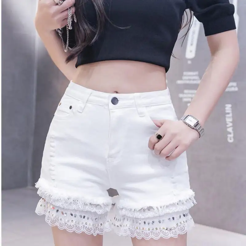 Casual Loose Jeans High Waist Pearl with Diamond Denim Shorts Women Summer Lace Female SequinTassel Denim Hot Pants Clothing