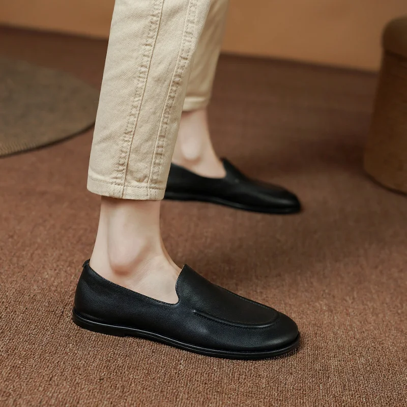 Concise Flats Women Comfy Very Soft Loafers Handmade Retro Genuine Leather Slip on Casual Walking Solid Shoes Size 34-40