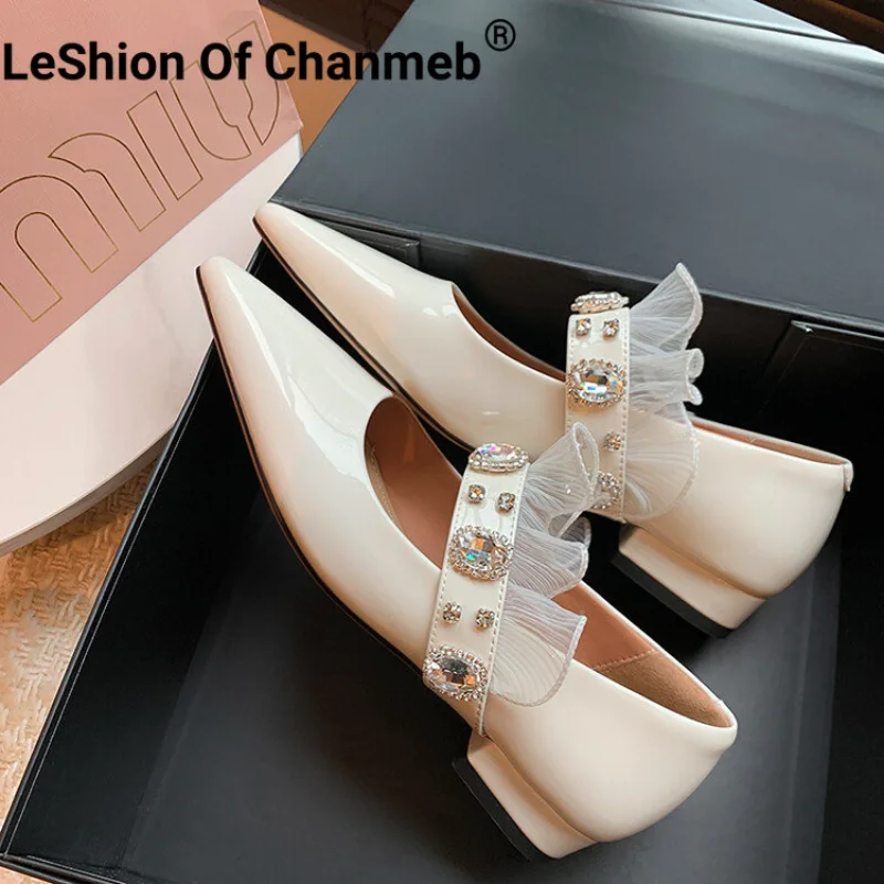 

LeShion Of Chanmeb Cow Patent Leather Mary Jane Flat Shoes Women Shiny Crystal Tulle Ruffles Pointy Toe Flats Sweet Party Spring