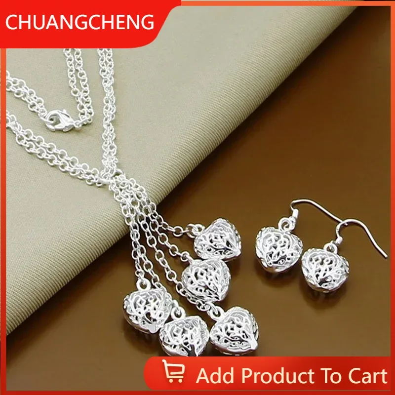 

CHUANGCHENG 925 Sterling Silver Double Chain Hollow Out 3D Heart Necklaces Earrings for Women Fashion Jewelry Set Accessories