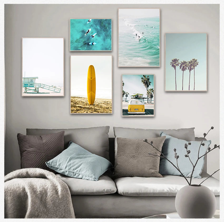 Beach Posters Surfboard Prints Coastal Decor Paintings for Living Room Wall California Print Set Surf Wall Art Canvas Painting