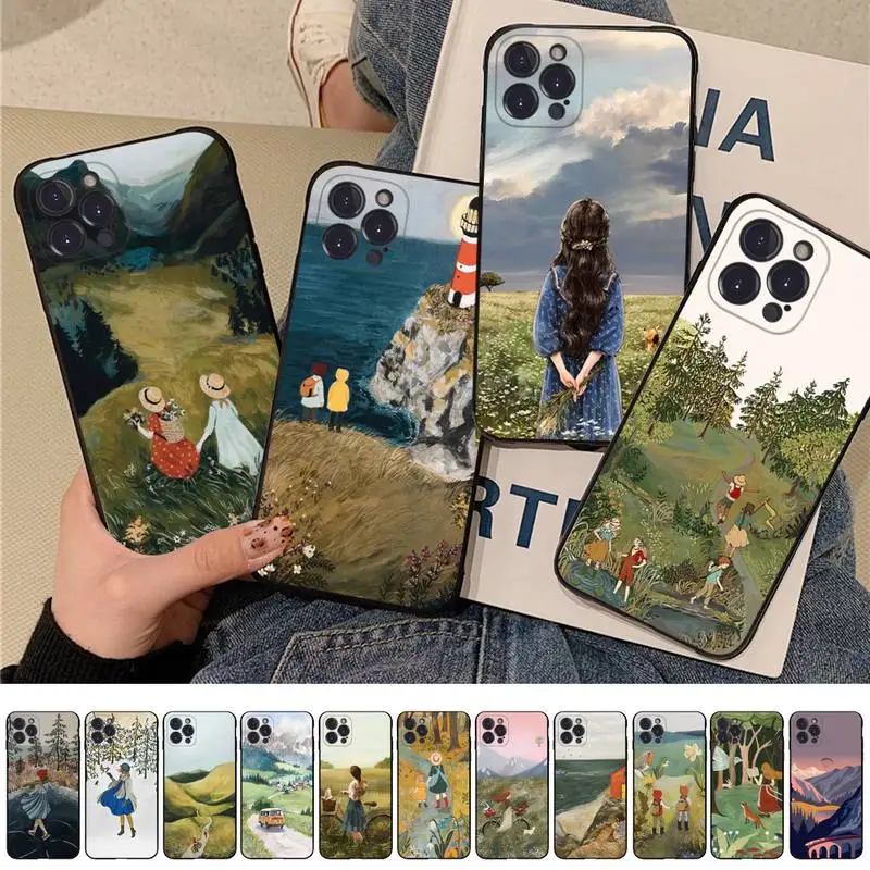 

FHNBLJ Cartoon Scenery Girl Phone Case For iPhone 14 13 12 Mini 11 Pro XS Max X XR SE 6 7 8 Plus Soft Silicone Cover