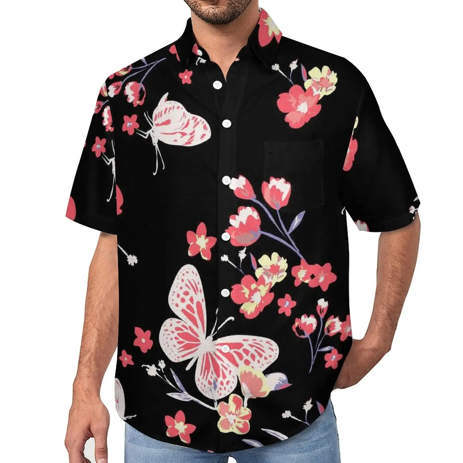 

Butterfly Casual Shirts Pink Floral Print Beach Shirt Hawaiian Funny Blouses Mens Print Plus Size