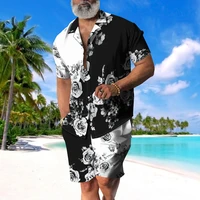 summer mens casual vacation top short shirt collocation same tether pants 3d plants hip hop harajuku print hawaii beach set