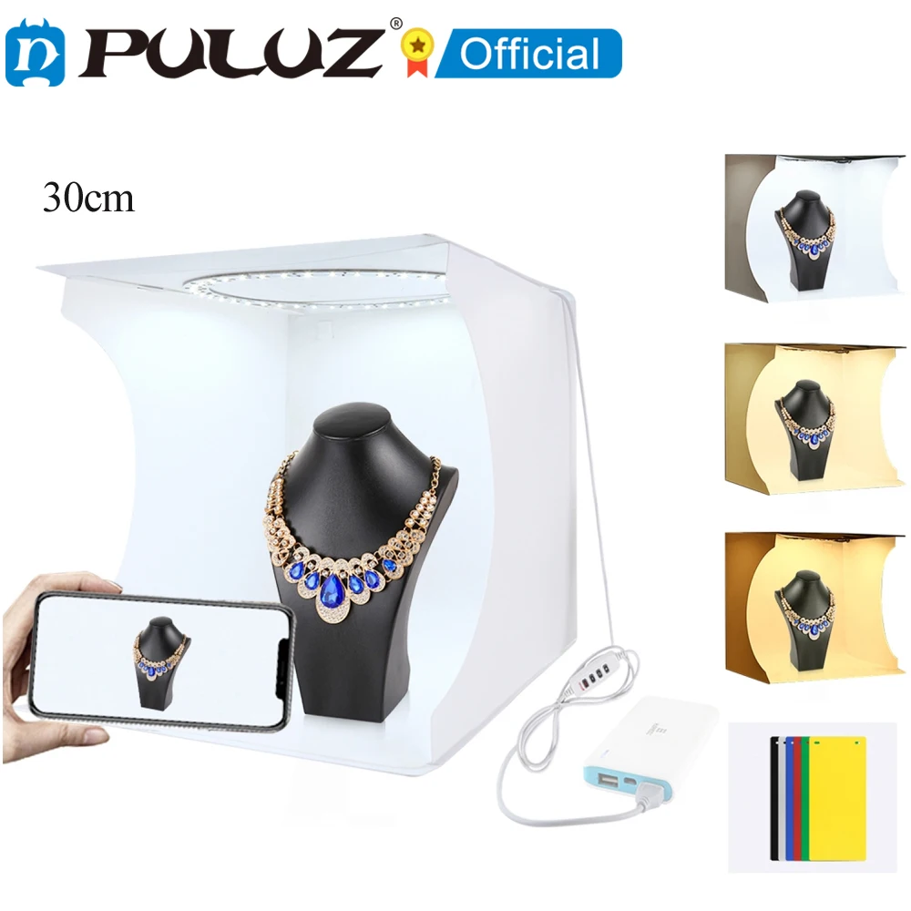 

Складной портативный кольцевой светильник PULUZ, 30 см, светильник щение для фотостудии, палатка для съемки, комплект + 6 цветов фона, световой к...