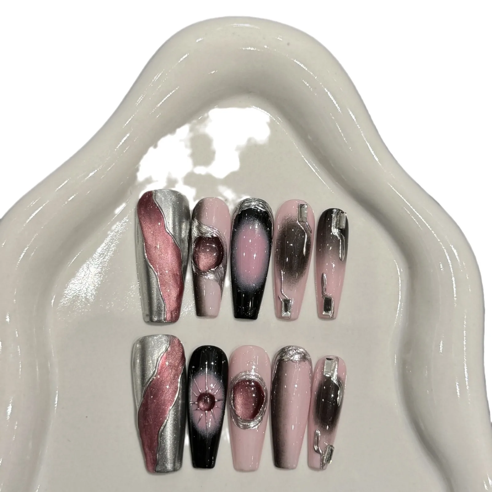 Spice Y2K Розовый Черный Румянец Накладные Ногти Ручной Работы Длинный Балетный