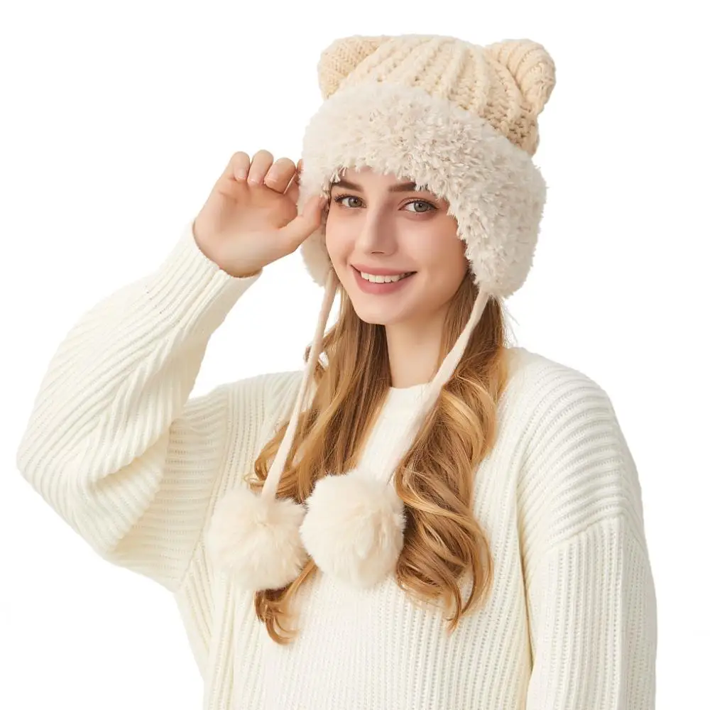 Вязаные шапки с милыми кошачьими ушками утолщенная флисовая подкладка женская