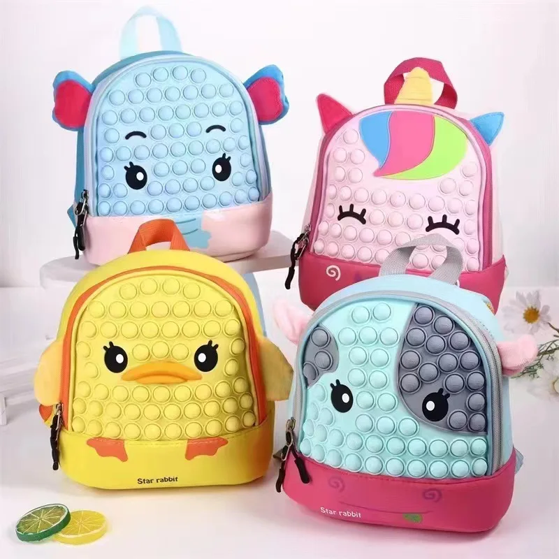 

New Kawaii Antistress Fidget Sensory Toys Backpack Cartoon Unicorn Push Bubble Decompression Bags Stress Relief Squishy Kids Toy