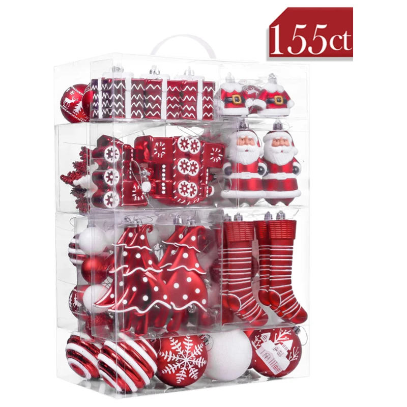 155ct Traditional Red and White Christmas Ball Ornaments Decor, Christmas Value Pack for Xmas Decoration
