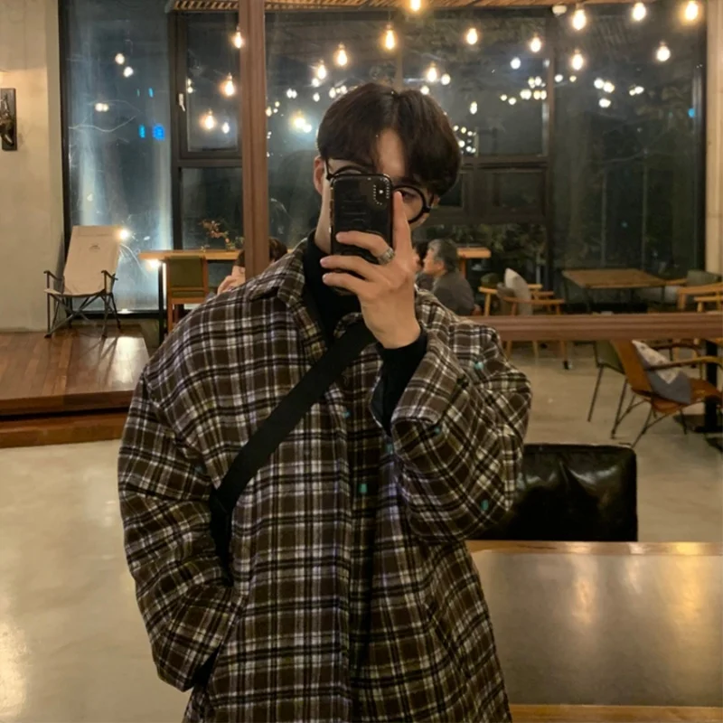 

Winter Thick Woolen Shirt Men Warm Fashion Oversized Plaid Shirt Men Korean Loose Woolen Coat Mens Thickening Long Sleeve Shirt