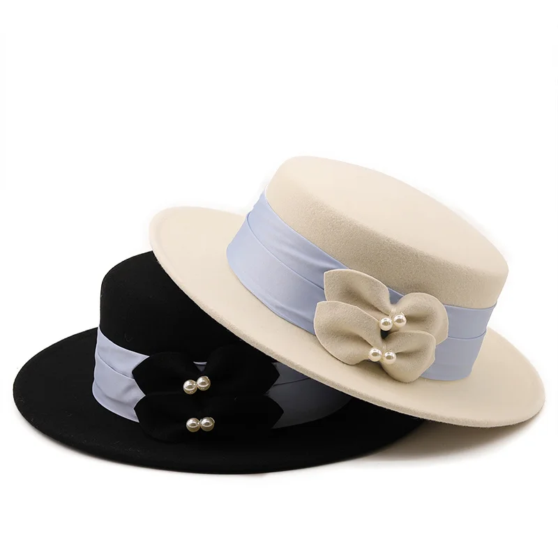 Wide Brim Simple Church Derby Top Hat Panama Solid Felt Fedoras Hat with Bow for Women Real 100%wool Jazz Cap