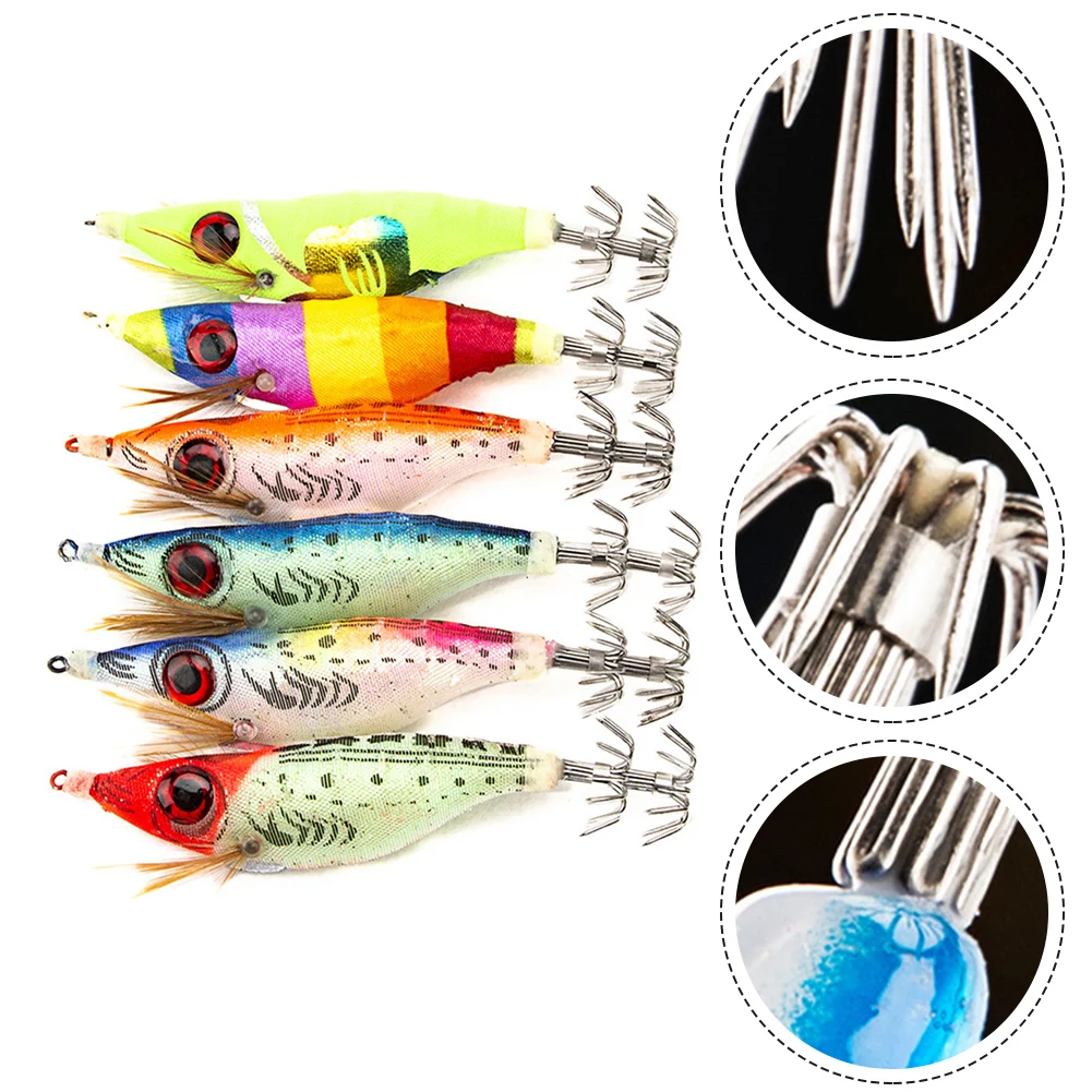 

6pcs Shrimp Lure Hooks Squid Jig Hook Shrimp Lures W/ Luminous Tail Sea Fishing Lifelike Fluorescent Squid Bait Random Color