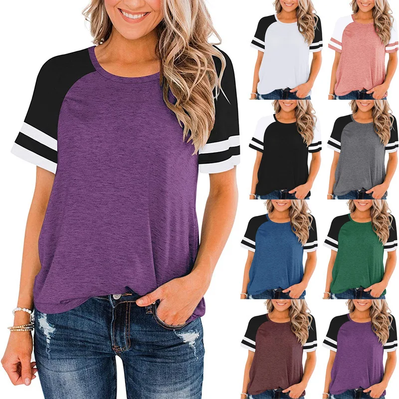 

2022 New Spring Summer Women Color Matching Round Neck Short-Sleeve Stripe Print T-Shirt Ladies Casual Loose Street T-Shirt Top