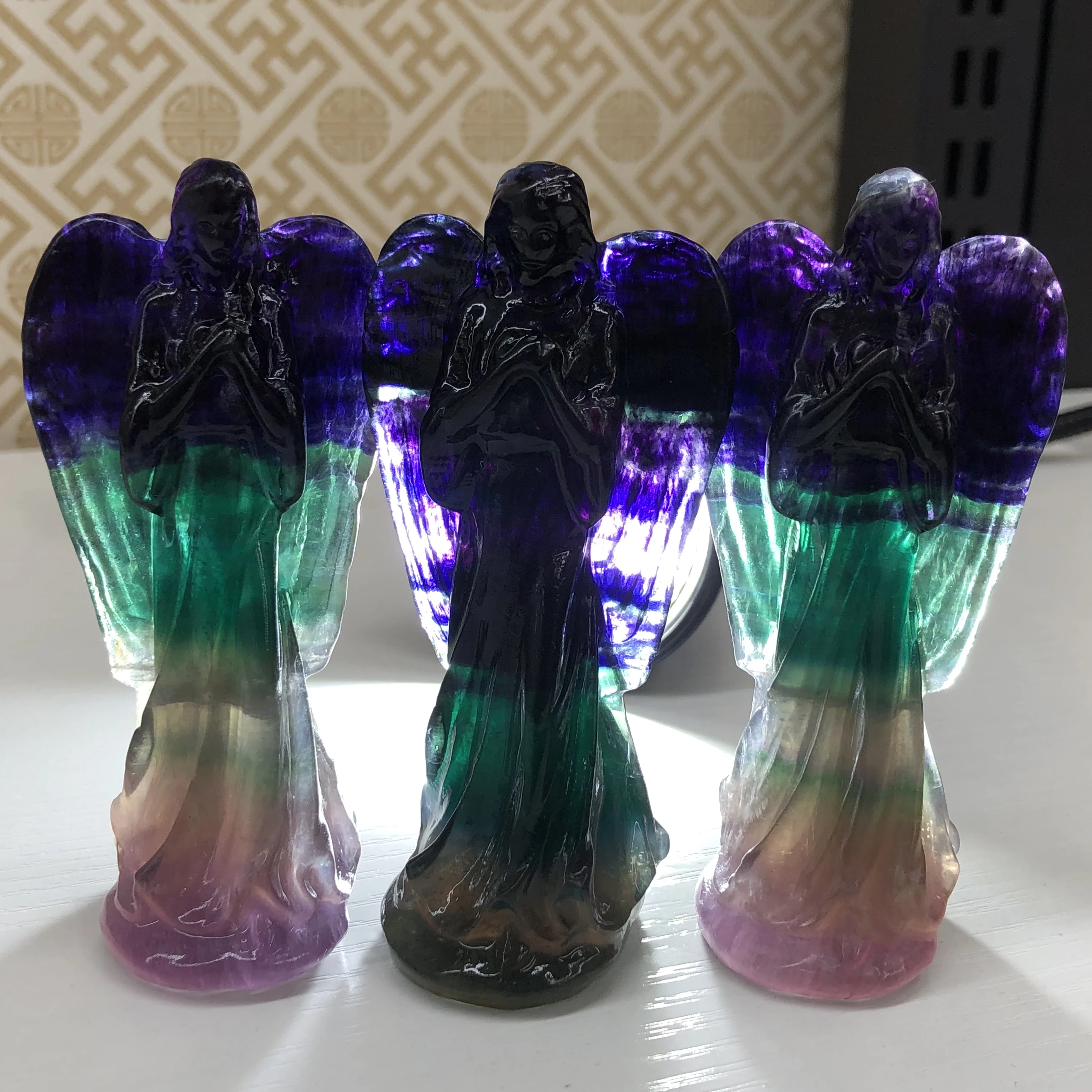 

10cm Natural color Fluorite Goddess Carved Crystal Quartz Gemstone Peace Angel Pocket Guardian Angel Reiki Healing Crystal Stone