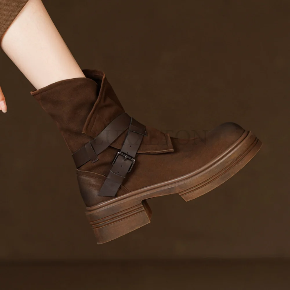 Autumn/Winter Women Boots Round Toe Chunky Heel Shoes Women Genuine Leather Boots Zipper Short Boots Motorcycle Boots for Women