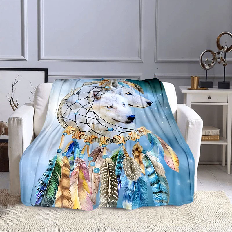 

Flannel Fleece Blanket Nordic Dream Catcher Wolf Print Bedding Lightweight Throw Blankets Fluffy Soft for Bed Sofa Home Decor