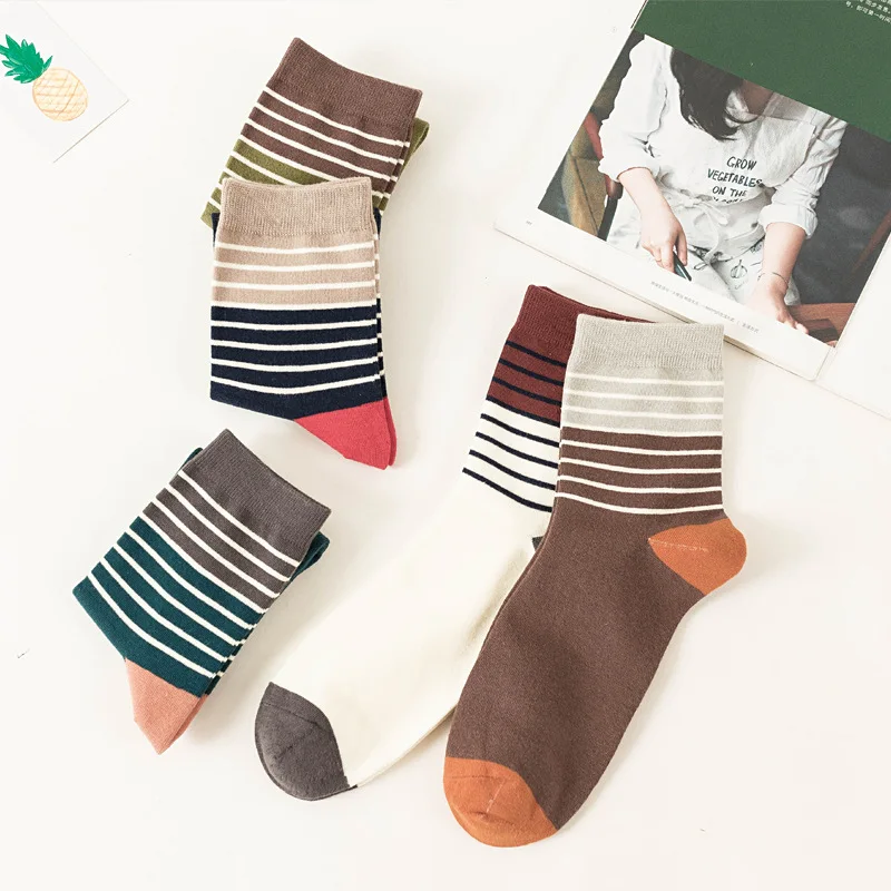 

5 Pairs 2022 Autumn Winter The New Fashion Stripe Mens Socks Cotton Japanese Style Casual Happy Men Socks
