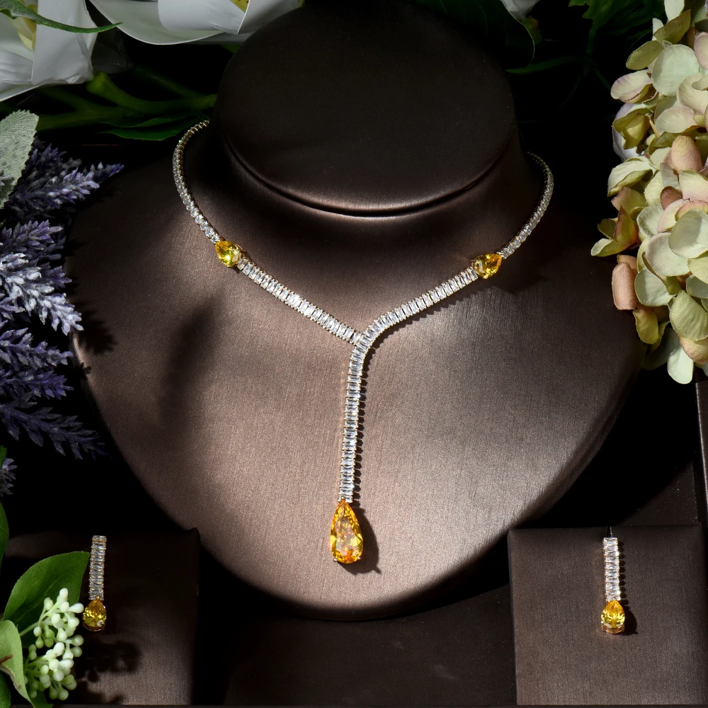 

Fashion Water Drop 2pcs Long Tassel Necklace Earring Set CZ Women Bridal Wedding Jewelry Sets Nigeria Accessories bijoux N-382