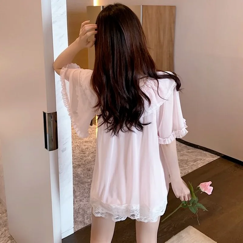 Pajama Sets Women Korean Kawaii Simple Lace Female Fashion Chic Soft Ulzzang Nightwear Basic V-neck Summer Girls Thin Clothing