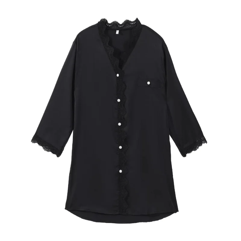 summer sexy silk Women's pajamas cardigan lace Nightdress solid color long sleeve Ice silk at home thin home clothes Sleepwear