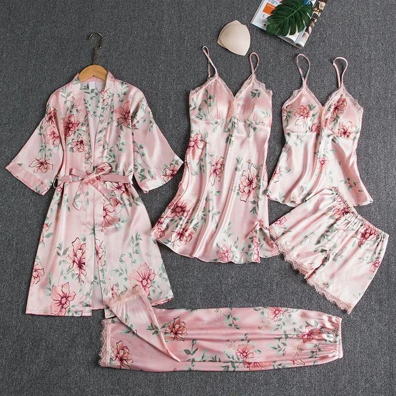 

Pajamas Women Xia Bingsi Sexy Pajamas Five-piece Spring, Summer and Autumn Home Service with Chest Pad Night Gown Thin Loose