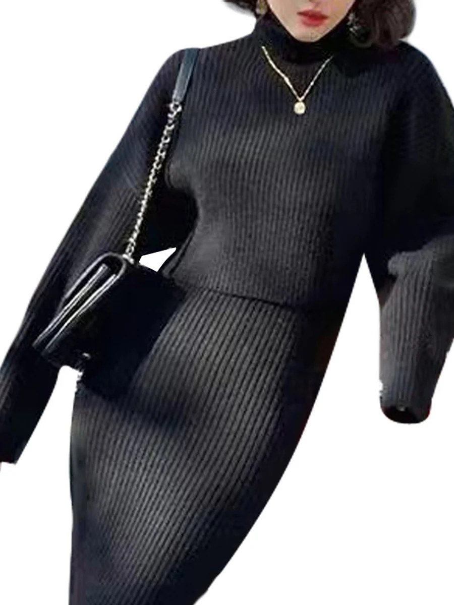 

Women s 2Pcs Knit Outfits Solid Color Long Sleeve Turtleneck Tops and High Waist Long Skirt Set Fall Clothes