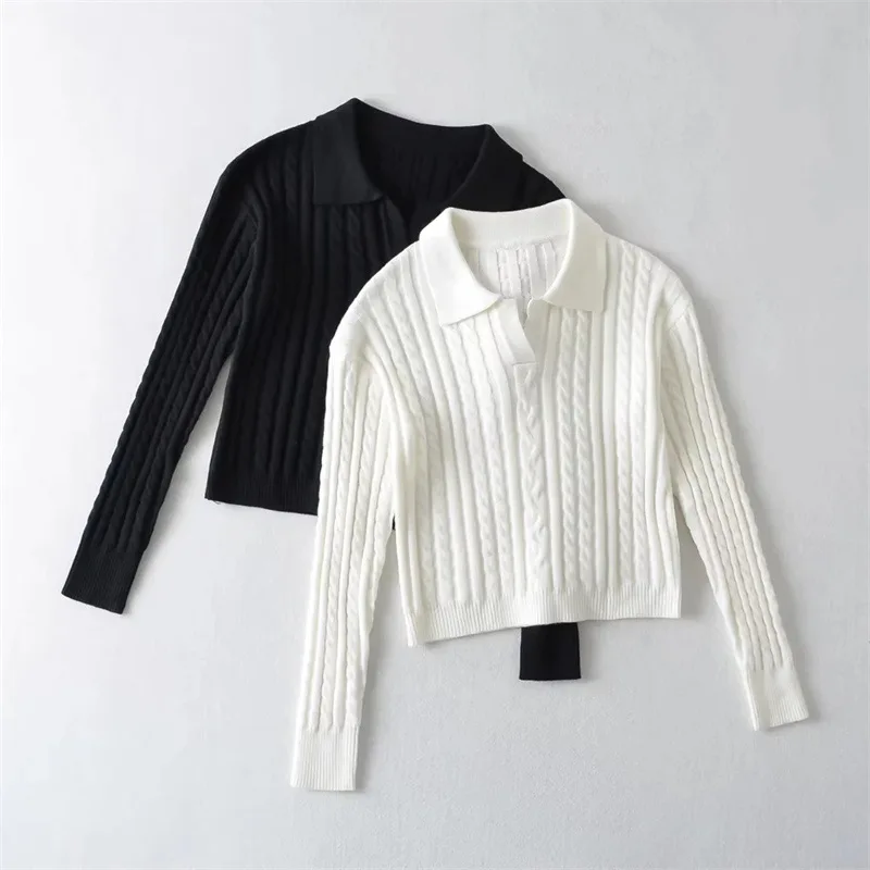 

Korean Fashion Design Lapel Slim Knitted Sweater Women 2022 Autumn Winter New Sexy Short Long Sleeve Knitwear Black Elastic Tops