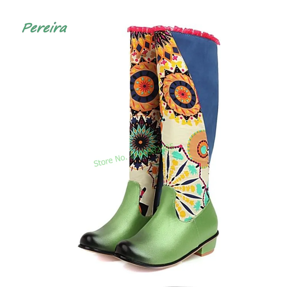 2022 Flowers Knee Boots Women's New Arrival Winter Mixed Colors Round Toe Low Chunky Heel Catwalk Shoes For Free Shipping