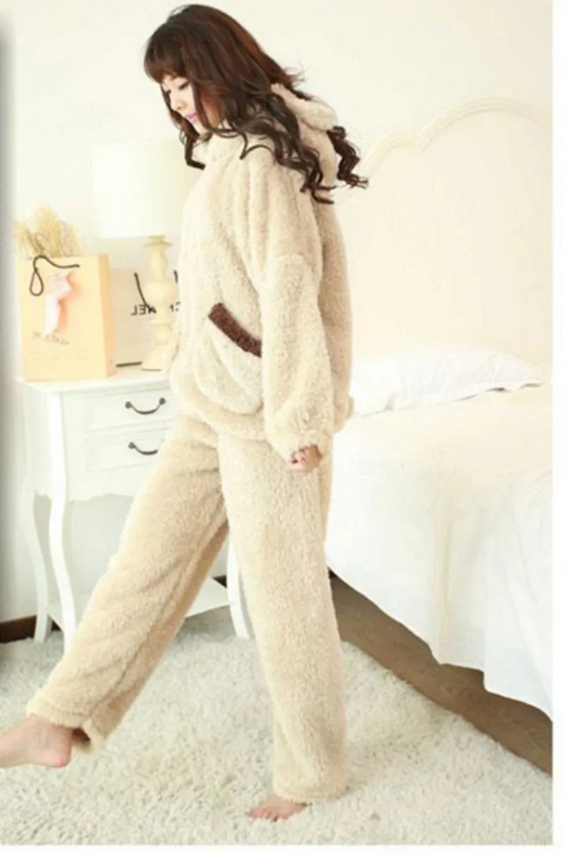 Women Winter Warm Thin Pajama Suit Length To The Shank Polyester Comfortable Cute Cartoon Animal Leisure Wear With Two Round Ear
