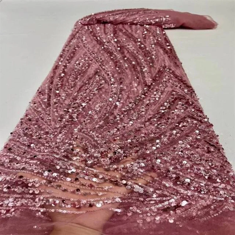 

Mccarthy Pink Sequins African Lace Fabric 2021High Quality Nigerian French Tulle Lace Fabric Beaded Mesh For Wedding Sew