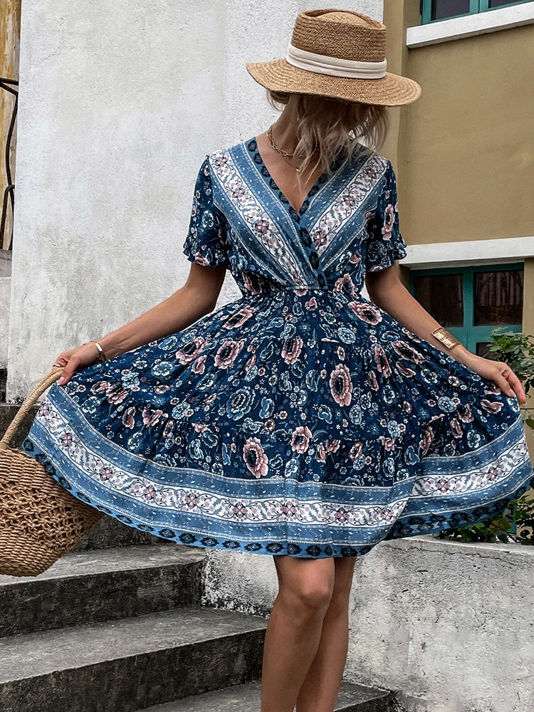 

Женское повседневное пляжное платье с цветочным принтом, винтажное платье в стиле бохо с коротким рукавом и оборками, Привлекательное элег...
