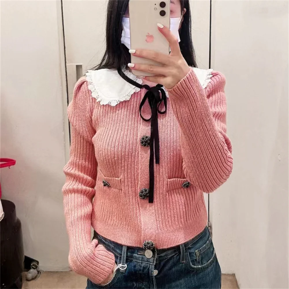 

Women Sweet Sweater Bowknot Peter pan Collar Single Breasted Knitwear Long Sleeve Female Knit Cardigan Top