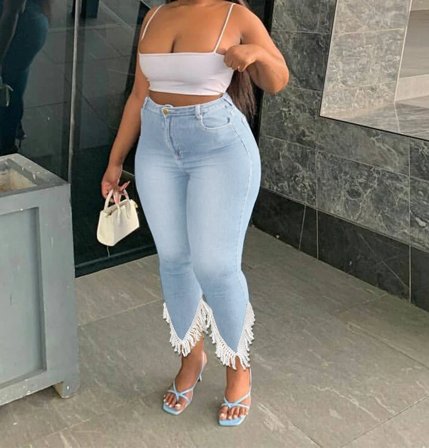 Spring and Summer New Fashion Women's Stretch Tassel Jeans Women's Slim Casual Commuter All-match Pants Female and Lady Clothing