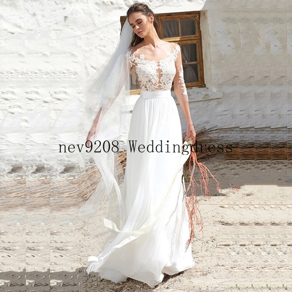 

Long Sleeve Chiffon A Line Boho Wedding Dresses Illusion Appliques Scoop Neck Beach Bridal Gown White Vestido De Novia