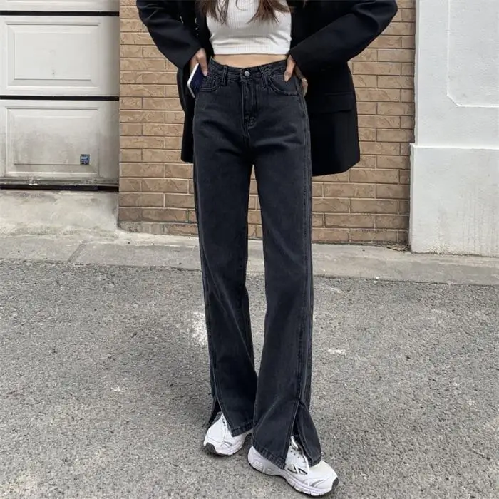 

2022 Women Spring Autumn Fashion Split High Waist Pants Jeans Female Students Wide Leg Pants Ladies Loose Denim Flare Pants B66