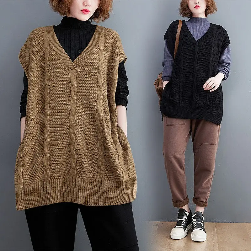 

Retro Lazy Style Sleeveless Vest Top V-Neck Knitted Women's Autumn And Winter Loose All-Match Sweater Pullover Waistcoat h2299