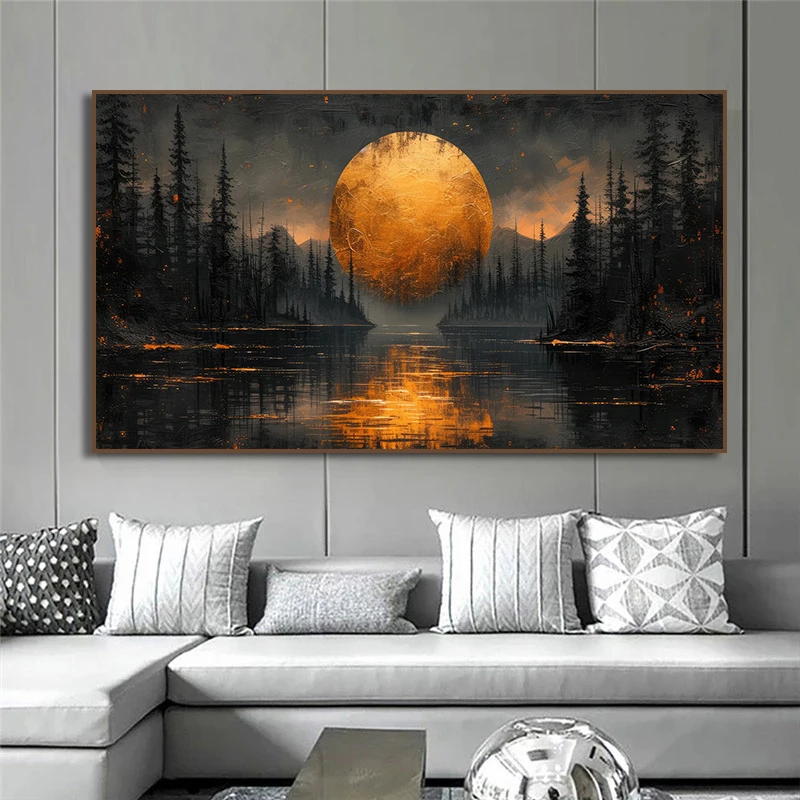 

Настенный постер «Золотая луна, дерево, лес, озеро, Горный пейзаж»