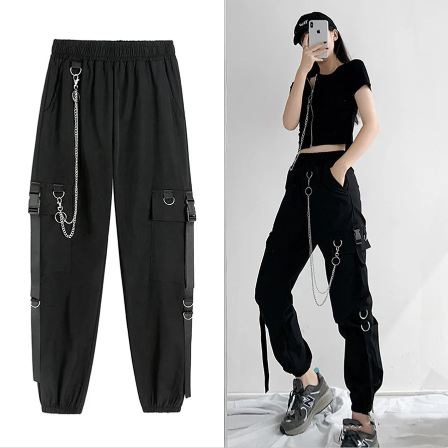 Spring Summer Cargo Women's Pants Punk Black Female Joggers Streetwear Harem Ankle-Length Trousers with chain