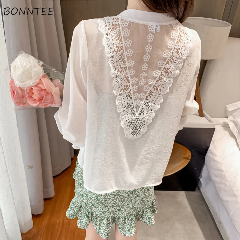 

Blouses Women Clothing Summer Lightweight Lace Sexy Sun-proof Solid Loose Korean Fashion Blusas Harajuku Breathable All-match