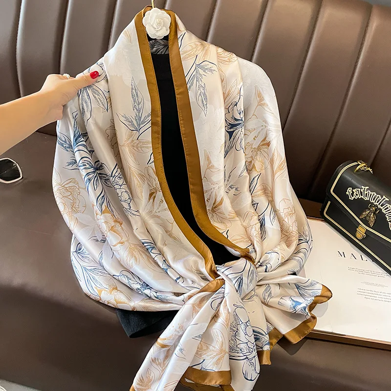 

New Fashion Women Spain Luxury Brand Penoy Floral Silk Shawl Scarf Print Long Soft Bandana Pashmina Foulard Hijab Snood 180*90Cm