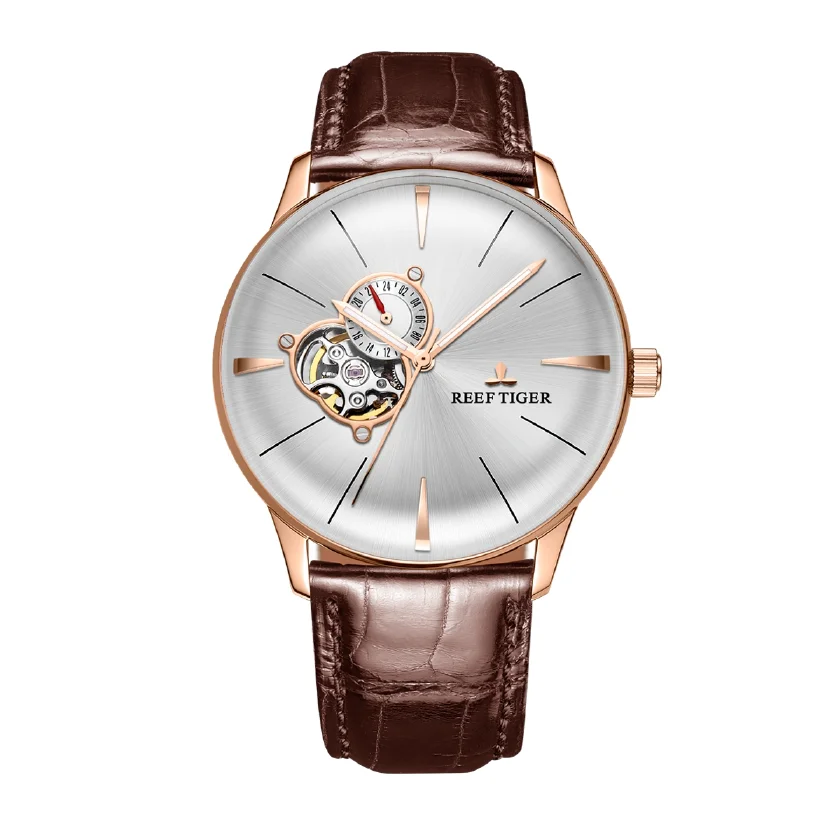 

Reef Tiger Luxury Mens Watches,Men Automatic Watch Mechanical Wristwatch Switzerland Waterproof Sapphire Skeleton Leather Strap