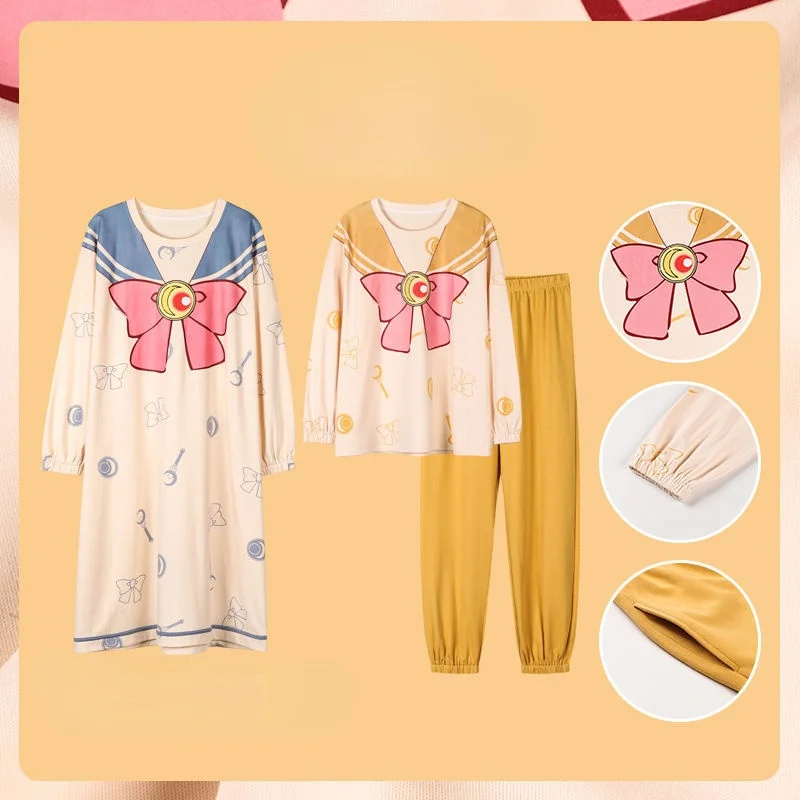 

QWEEK Pajamas for Women Two Piece Set Spring Autumn Princess Style Kawaii Pijamas Cartoon Print Pyjamas Teen Girls Home Clothes