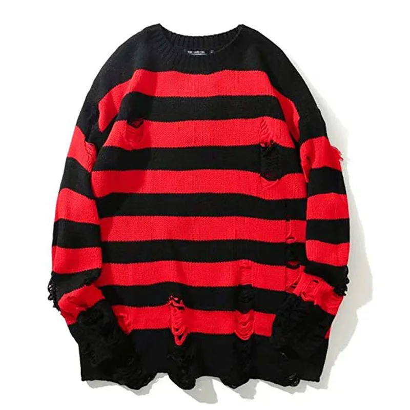 

Striped Sweaters Women Punk Unisex Sweater Autumn Hollow Out Hole Broken Jumper Loose Oversized Pullouvers Harajuku Streetwear