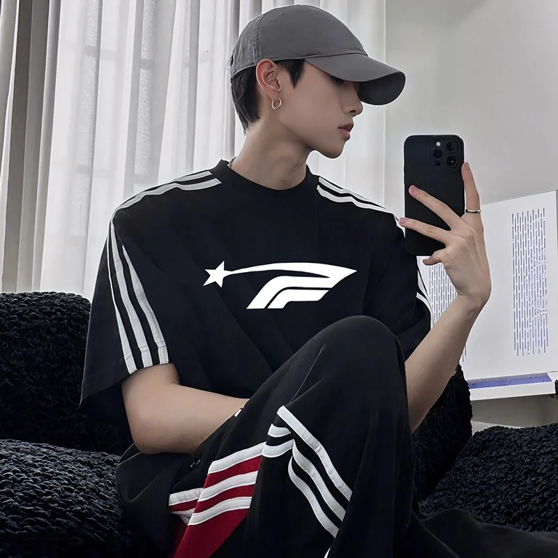 Short sleeve T-shirt Men's 2024 Summer Couple American High Street Heavy Cotton Three Bars Ribbon Contrast Color Half Sleeve ...