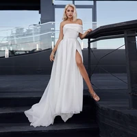 2022 spring new simple plain wedding dress for women off the shoulder side split brush train bridal gown vestido de novia