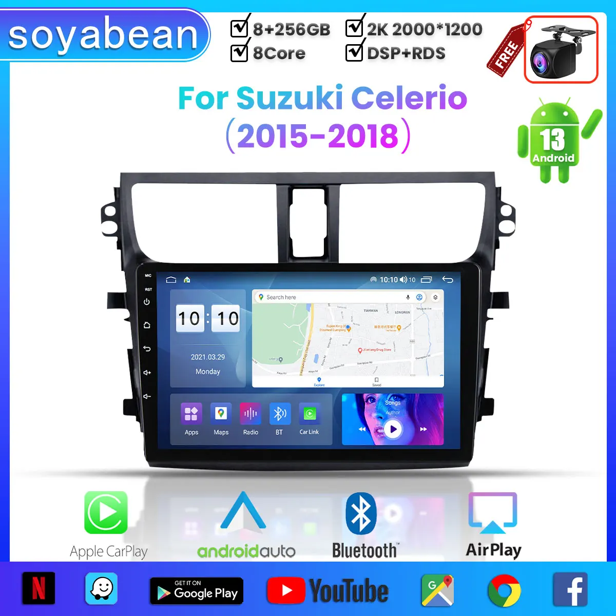 

Автомобильный радиоприемник Android 13 для Suzuki CELERIO 2015-2018, 9 дюймов 2K мультимедийный плеер с 4G Car Carplay и 2Din GPS
