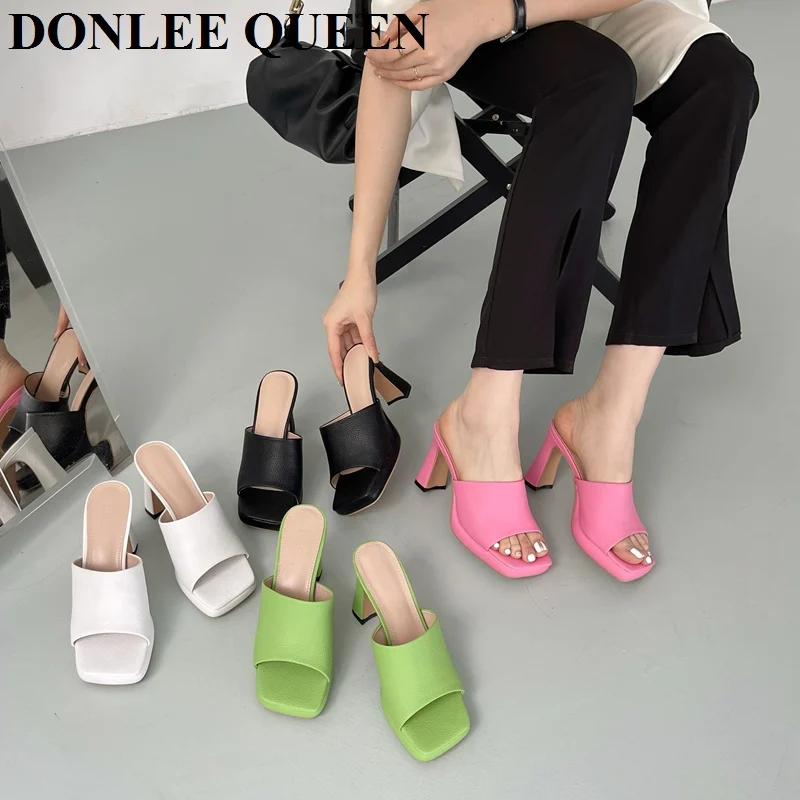 

Women High Heel Slippers Female Square Toe High Heel Slide Casual Flip Flops Ladies Slip On Mule Summer Shoes Sandal Pumps Mujer