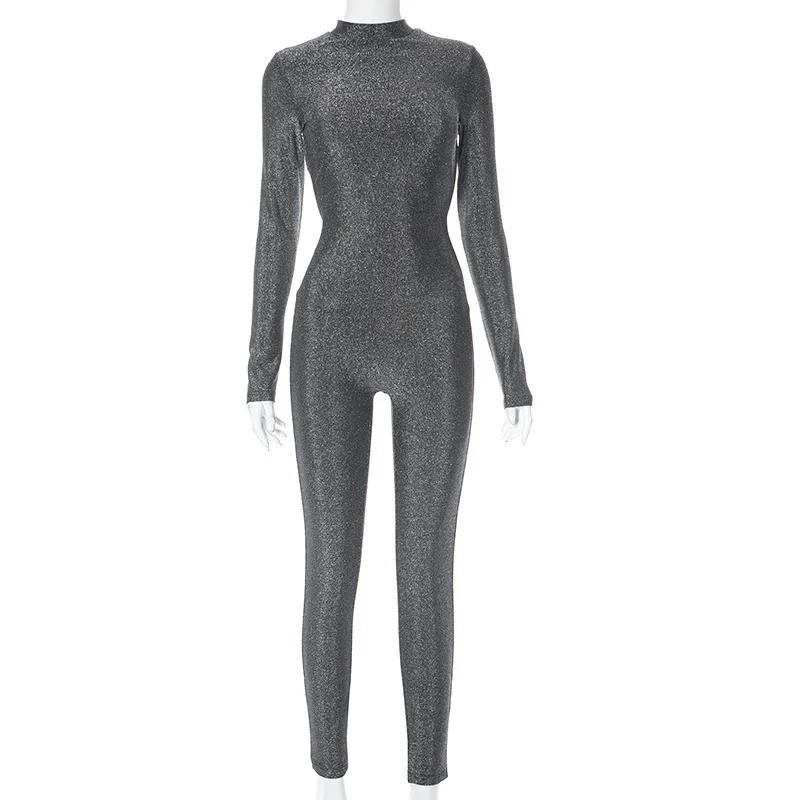Женский Осенний Облегающий комбинезон с высоким воротником длинным рукавом и