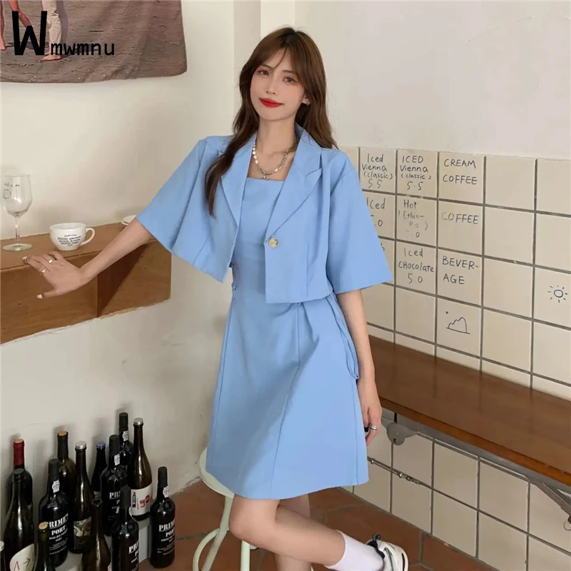 

Summer Solid Two Piece Sets Femme Drawstring Lace Up Slim Square Collar Straps Dress and Single Breasted Short Blaze Coat Outfit