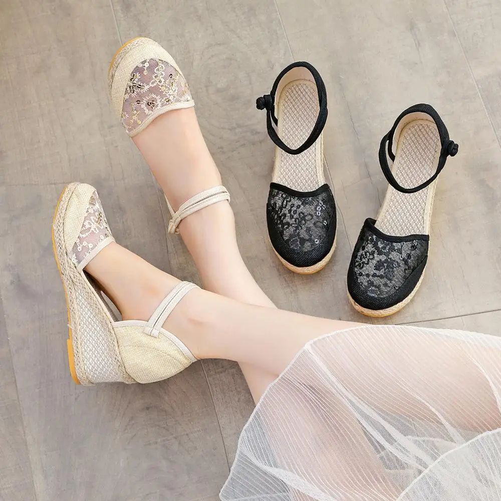 

YourSeason Ladies 6cm High Heel Wedge Espadrilles Shoes Summer Women Breathable Linen Hemp Sandals Black Gauze Mesh Patchwork